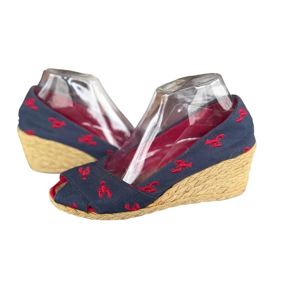 Lauren Ralph Lauren Navy and Red Espadrille Wedge Peep-Toe